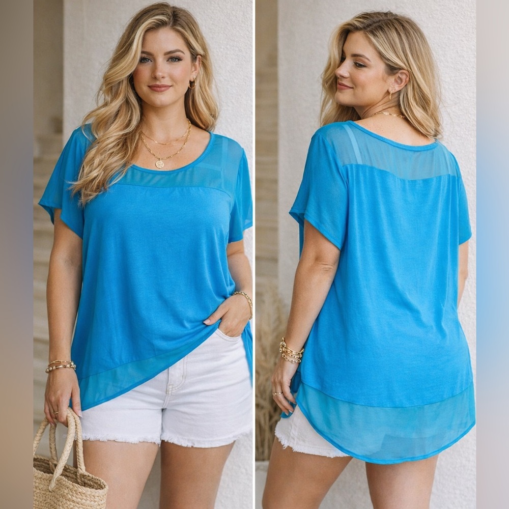 Vince Camuto Turquoise Short Sleeve Top with Sheer Yoke